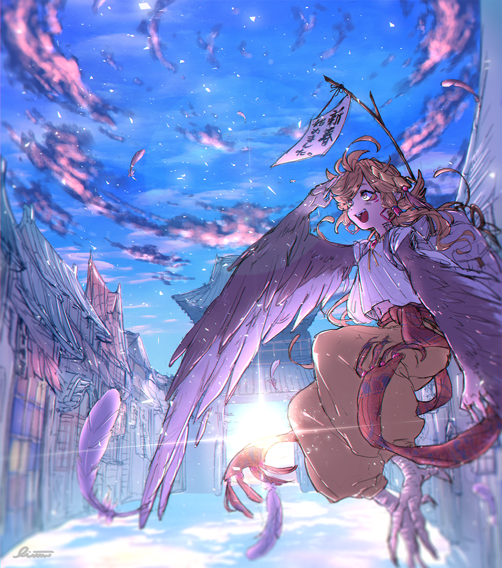 1girl :d bangs chinese_zodiac clouds commentary_request day feathers ferea_bimi from_below gate_house harpy long_hair looking_up monster_girl navel open_mouth orange_hair original outdoors pants paper sash shirt sky smile solo talons tongue upper_teeth winged_arms year_of_the_rooster yellow_eyes