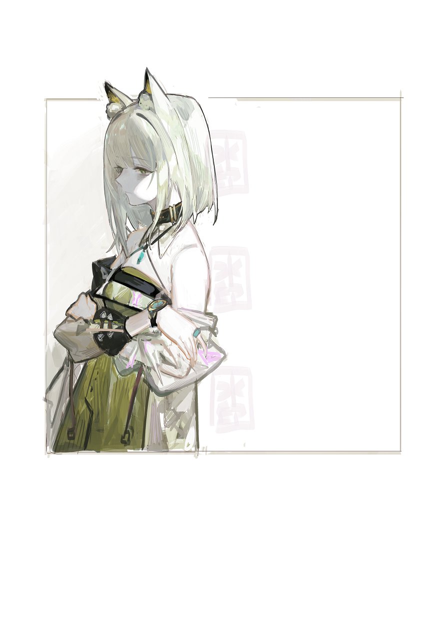 1girl animal_ear_fluff animal_ears arknights black_choker breasts brown_collar chinese_commentary choker collar commentary_request crossed_arms dress eyebrows_visible_through_hair from_side green_dress green_eyes highres jewelry kal'tsit_(arknights) looking_away lynx_ears off-shoulder_dress off_shoulder pendant pipidan short_hair silver_hair small_breasts strap upper_body watch white_background