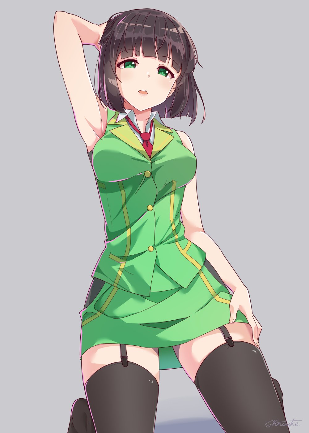 1girl arm_up armpits artist_name bangs black_legwear blunt_bangs blunt_ends bob_cut character_request commentary_request copyright_request dress_shirt eyebrows_visible_through_hair garter_straps green_skirt green_vest grey_background half-closed_eyes hand_on_own_head hand_on_own_thigh highres kneeling looking_at_viewer miniskirt necktie open_mouth pencil_skirt red_neckwear shirt signature simple_background skirt sleeveless solo thigh-highs vest white_shirt yanagita_kousuke