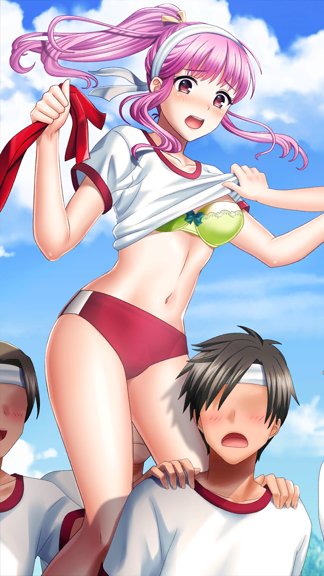 1girl 3boys assisted_exposure bangs blue_sky blush bra breasts buruma clouds collarbone doukyuusei doukyuusei_another_world eyebrows_visible_through_hair faceless faceless_male floating_hair game_cg green_bra hair_ribbon hands_on_another's_shoulder headband high_ponytail holding lifted_by_another long_hair medium_breasts midriff multiple_boys navel official_art open_mouth outdoors pink_hair red_buruma red_eyes ribbon sakuragi_mai shirt shirt_lift short_sleeves sky stomach underwear white_headband white_shirt yellow_ribbon