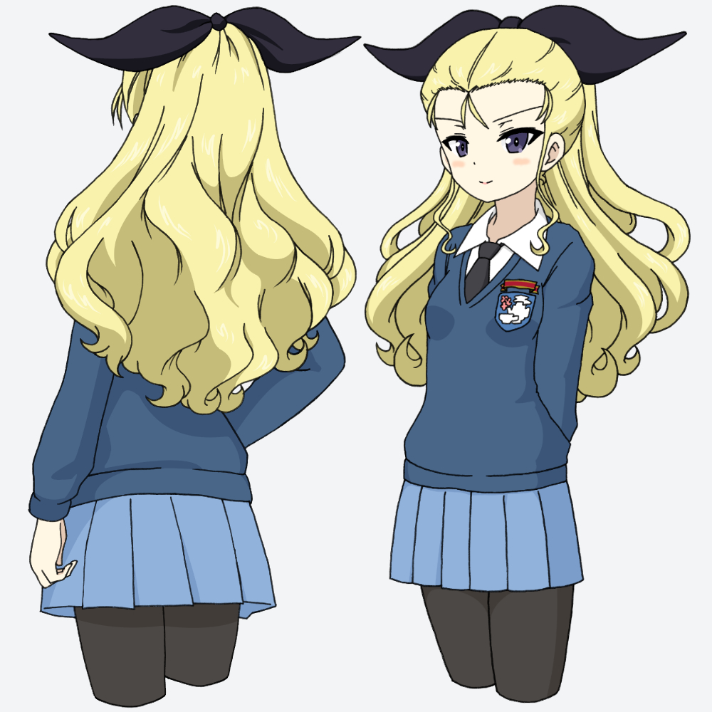 1girl assam_(girls_und_panzer) black_neckwear black_ribbon blonde_hair blue_eyes blue_skirt blue_sweater closed_mouth commentary_request dress_shirt emblem girls_und_panzer grey_background hair_pulled_back hair_ribbon ichinose_jun long_hair long_sleeves looking_at_viewer miniskirt multiple_views necktie pleated_skirt ribbon school_uniform shirt simple_background skirt smile st._gloriana's_(emblem) st._gloriana's_school_uniform standing sweater v-neck white_shirt wing_collar