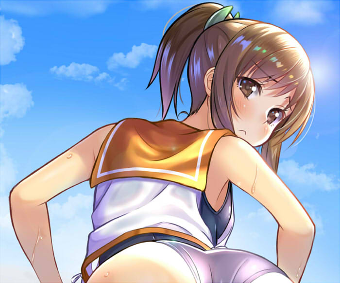 1girl ass brown_eyes brown_hair clouds frown hands_on_hips i-401_(kancolle) kantai_collection looking_at_viewer looking_back orange_sailor_collar ponytail redrawn reward_available sailor_collar shirt short_hair sky sleeveless sleeveless_shirt solo swimsuit upper_body violetshit wet white_shirt