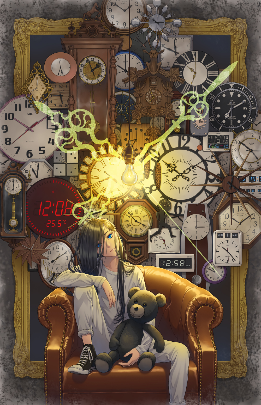 1boy alarm_clock analog_clock arm_at_side arm_on_knee arm_rest bishounen black_footwear black_hair blue_eyes chair clock closed_mouth collarbone couch cross-laced_footwear cuckoo_clock dark_skin dark_skinned_male digital_clock easy_chair expressionless eyebrows_visible_through_hair eyes_visible_through_hair fingernails foot_out_of_frame fork grandfather_clock grey_pants hair_over_one_eye head_tilt highres knee_up light light_bulb lips long_hair male_focus minami_(minami373916) number original pants pants_rolled_up pendulum_clock picture_frame roman_numeral shapes shiny shiny_hair shoes sitting sleeves_past_wrists sneakers spoon straight_hair stuffed_animal stuffed_toy sweatpants sweatshirt teddy_bear tsurime wall wall_clock wide_shot