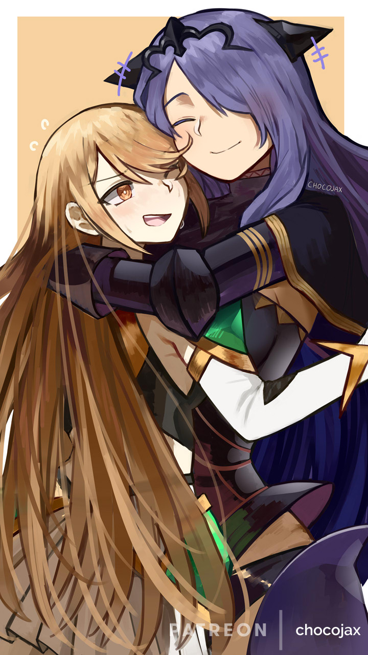 2girls armor artist_name black_armor blonde_hair body_armor camilla_(fire_emblem) chocojax closed_eyes detached_sleeves dress fire_emblem fire_emblem_fates hair_over_one_eye highres hug long_hair multiple_girls mythra_(xenoblade) one_eye_closed open_mouth patreon pleated_dress pleated_skirt purple_hair skirt smile tiara white_dress xenoblade_chronicles_(series) xenoblade_chronicles_2