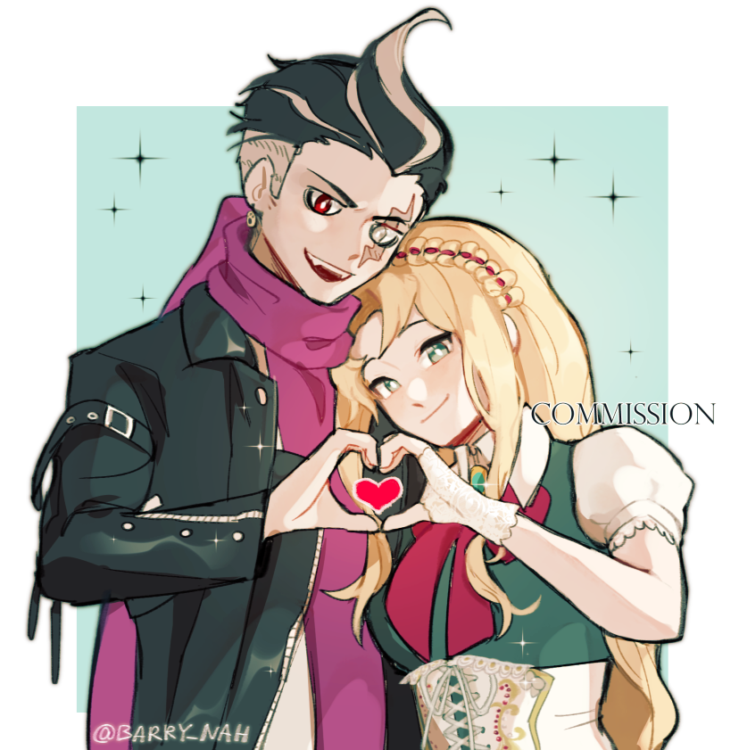 1boy 1girl :d artist_name bangs barry_nah black_coat black_hair blonde_hair bow braid coat commission couple dangan_ronpa_(series) dangan_ronpa_2:_goodbye_despair earrings english_commentary fangs french_braid grey_background grey_eyes grey_hair heart heart_hands hetero heterochromia jewelry long_hair looking_at_viewer multicolored_hair open_clothes open_coat open_mouth puffy_short_sleeves puffy_sleeves red_bow red_eyes scarf short_hair short_sleeves simple_background smile sonia_nevermind sparkle tanaka_gandamu very_long_hair