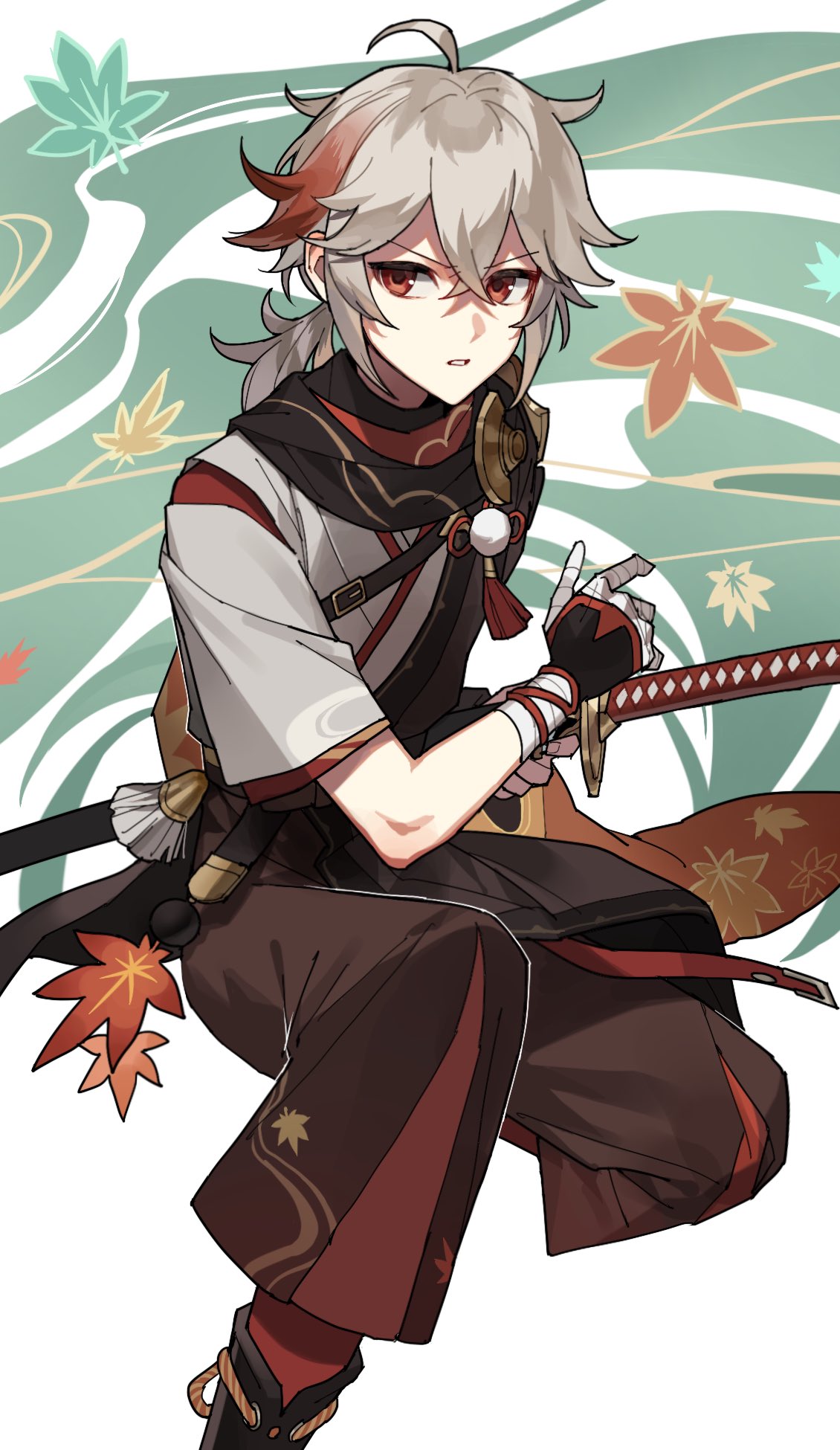 1boy az192837465 bandaged_hands bandages bangs crossed_bangs fingerless_gloves genshin_impact gloves grey_hair hair_between_eyes highres holding holding_sheath holding_sword holding_weapon japanese_clothes katana kazuha_(genshin_impact) leaf leaf_print long_hair male_focus multicolored_hair ponytail red_eyes redhead sheath sheathed simple_background solo sword tassel weapon