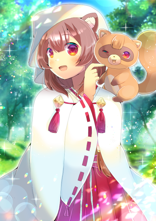 1girl :d ;d animal animal_ear_fluff animal_ears animal_on_shoulder bangs blurry blurry_background blush brown_hair day depth_of_field eyebrows_visible_through_hair hair_between_eyes hakama japanese_clothes kimono kouu_hiyoyo long_sleeves miko one_eye_closed open_mouth outdoors raccoon raccoon_ears raph-chan raphtalia red_eyes red_hakama ribbon-trimmed_sleeves ribbon_trim smile sparkle tate_no_yuusha_no_nariagari tree veil white_kimono wide_sleeves