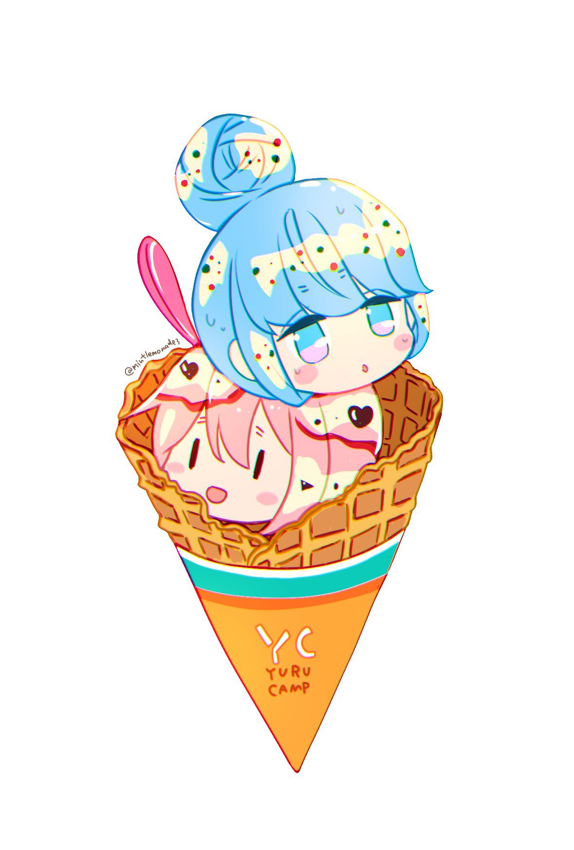 2girls artist_name blue_eyes blue_hair candy chibi chocolate chocolate_heart commentary_request copyright_name double_scoop eyebrows_visible_through_hair eyes_visible_through_hair food heart highres ice ice_cream ice_cream_cone kagamihara_nadeshiko long_hair melting mint_(mintlemonade3) multiple_girls name_tag open_mouth pink_hair shima_rin signature simple_background spoon sweat violet_eyes white_background yurucamp |_|