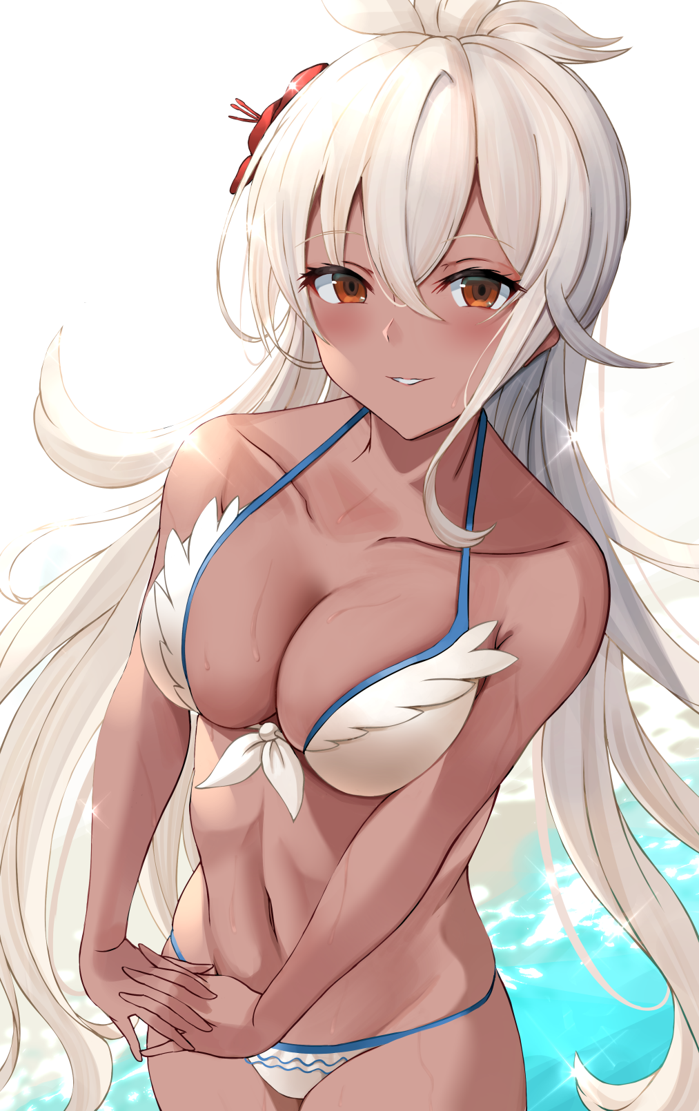 1girl ahoge bare_shoulders bikini blush breasts cowlick dark_skin dark-skinned_female flower front-tie_bikini front-tie_top granblue_fantasy haido_(ryuuno_kanzume) hair_between_eyes hair_flower hair_ornament hibiscus highres large_breasts long_hair looking_at_viewer navel red_eyes smile solo swimsuit swimwear very_long_hair white_bikini white_hair zooey_(granblue_fantasy)