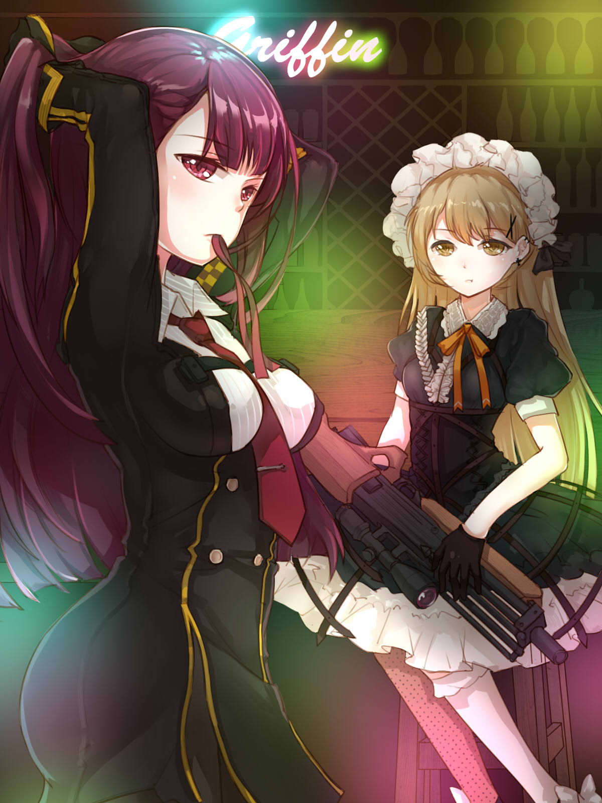 2girls adjusting_hair banluoli breasts bullpup dress girls_frontline gothic_lolita gun highres holding holding_weapon light_brown_eyes light_brown_hair lolita_fashion long_hair medium_breasts multiple_girls ppk_(girls_frontline) purple_hair rifle short_dress sniper_rifle very_long_hair violet_eyes wa2000_(girls_frontline) walther walther_wa_2000 weapon