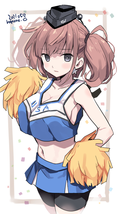 1girl alternate_costume armpits artist_name atlanta_(kancolle) black_headwear breasts brown_hair cheerleader clothes_writing cowboy_shot crop_top dated earrings garrison_cap grey_eyes hat holding holding_pom_poms jewelry kantai_collection large_breasts long_hair midriff miniskirt navel odawara_hakone pleated_skirt pom_poms shirt single_earring skirt sleeveless sleeveless_shirt solo star_(symbol) star_earrings two_side_up