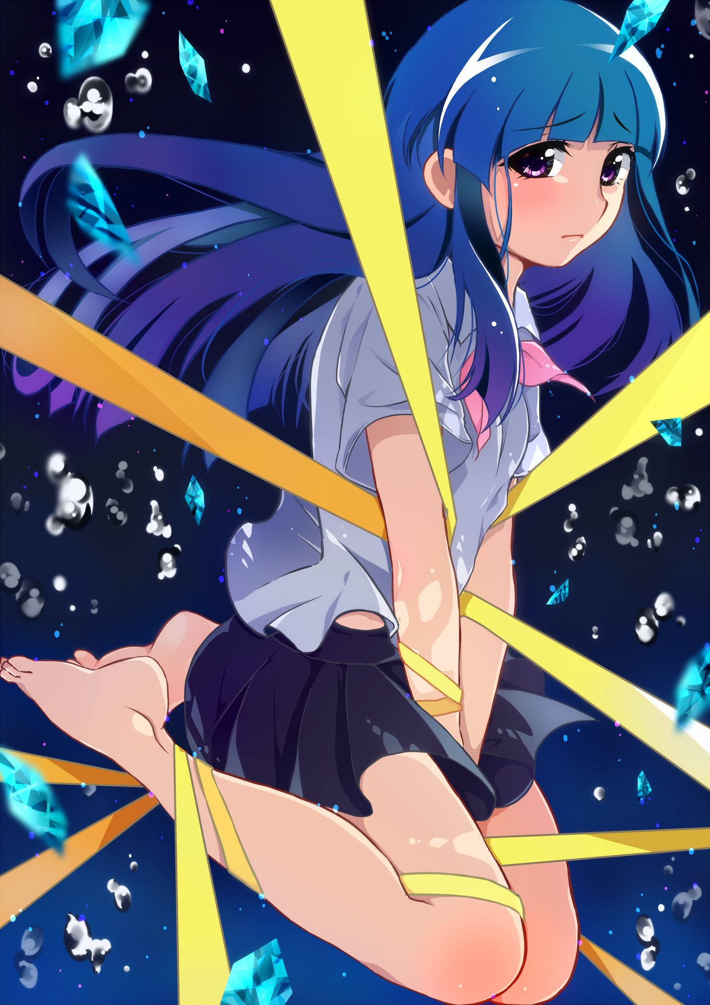 1girl bangs barefoot between_legs black_skirt blue_background blue_hair blunt_bangs blurry bound bubble collared_shirt commentary_request crystal depth_of_field eyebrows_visible_through_hair feet floating_hair full_body furude_rika gradient gradient_background gradient_hair grey_shirt hand_between_legs highres higurashi_no_naku_koro_ni kakera long_hair looking_at_viewer mashimaro_tabetai multicolored_hair neck_ribbon pink_neckwear pink_ribbon pleated_skirt ribbon ribbon_bondage school_uniform shirt short_sleeves sitting skirt solo v_arms violet_eyes wariza yellow_ribbon