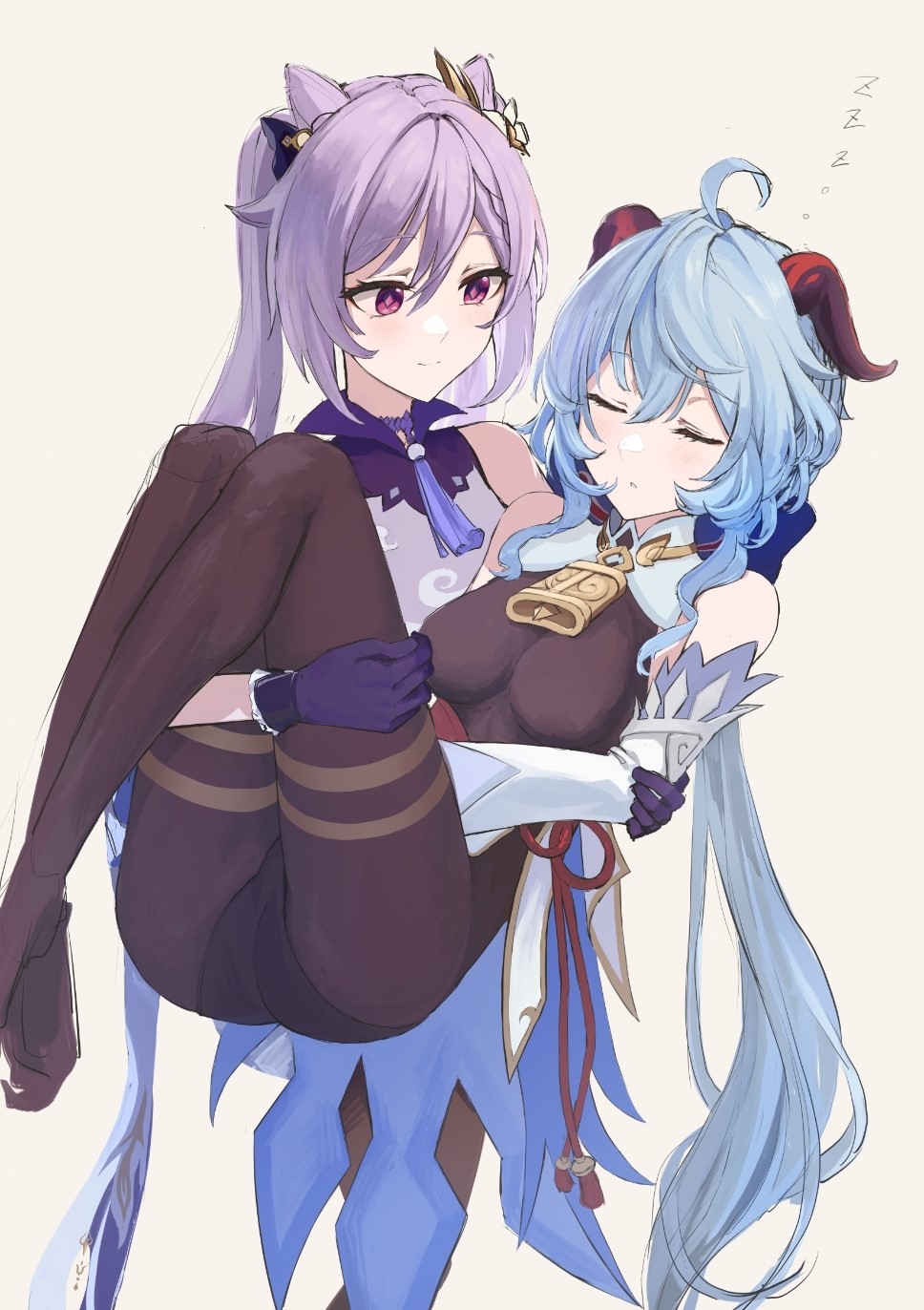 2girls ahoge bare_shoulders black_legwear blue_hair blush carrying choker closed_eyes double_bun ganyu_(genshin_impact) genshin_impact gloves hair_bun hair_ornament hairclip highres horns keqing_(genshin_impact) leotard long_sleeves multiple_girls pantyhose princess_carry purple_gloves sleeping smile standing strigidae twintails violet_eyes yuri zzz