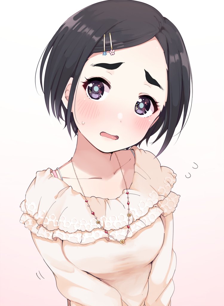 1girl bangs black_hair blush collarbone commentary eyebrows fidgeting gradient gradient_background grey_eyes hair_ornament hairclip idolmaster idolmaster_cinderella_girls jewelry long_sleeves looking_at_viewer matsuo_chizuru minami_m2 necklace open_mouth short_hair solo spaghetti_strap sweatdrop sweater swept_bangs thick_eyebrows upper_body wavy_mouth