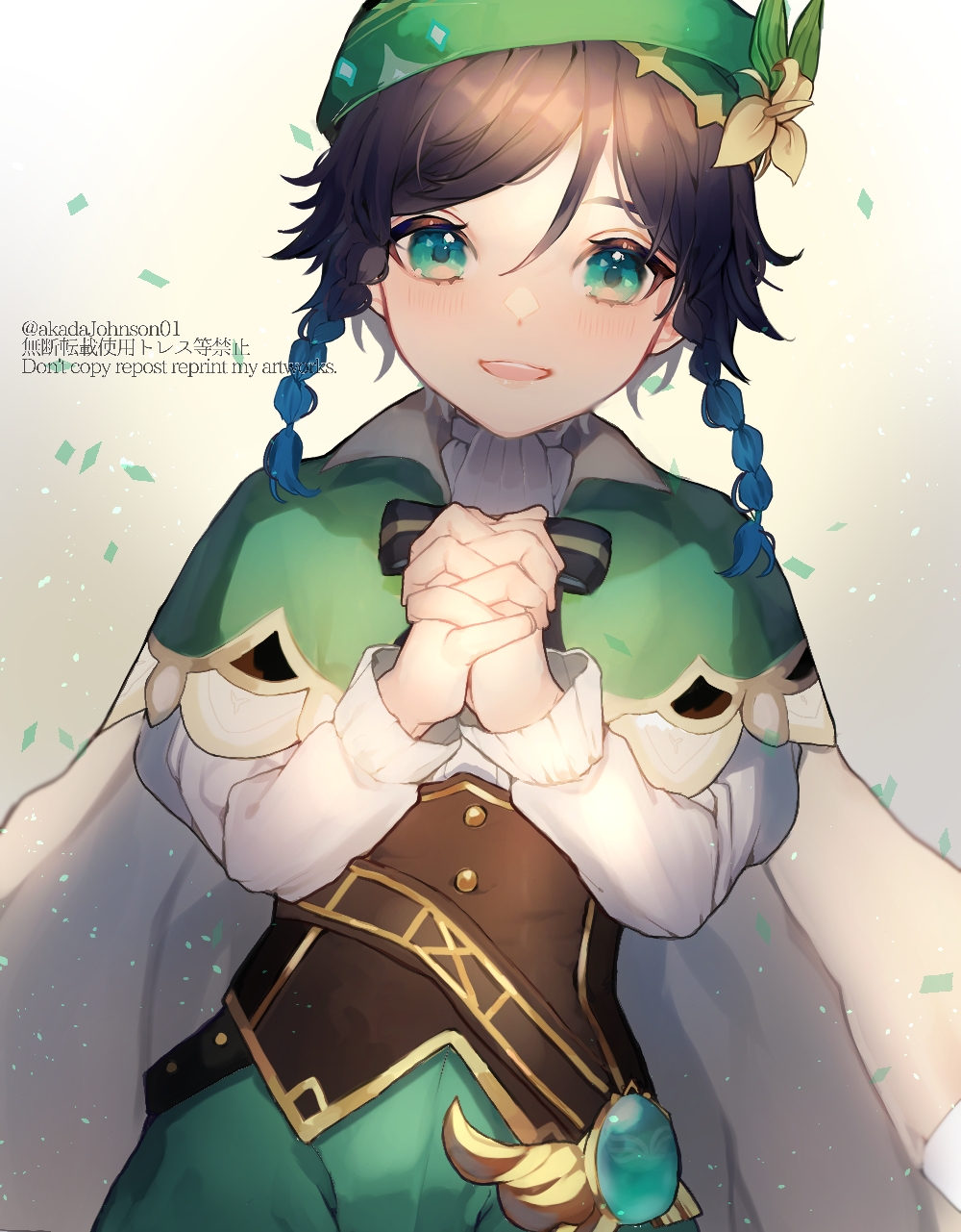 1boy androgynous bangs beret black_hair blue_hair bow braid cape collared_cape collared_shirt commentary_request corset flower frilled_sleeves frills genshin_impact gradient gradient_background gradient_hair green_eyes green_headwear hands_clasped hands_together hat hat_flower highres kyomkyom11750 leaf light_particles long_sleeves looking_at_viewer male_focus multicolored_hair open_mouth own_hands_together repost_notice shirt short_hair_with_long_locks simple_background smile solo twin_braids venti_(genshin_impact) vision_(genshin_impact) white_background white_flower white_shirt