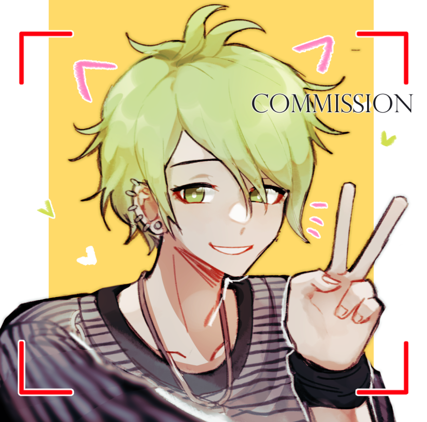 1boy amami_rantarou animal_ears bangs barry_nah collarbone dangan_ronpa_(series) dangan_ronpa_v3:_killing_harmony ear_piercing earrings fake_animal_ears green_eyes green_hair hand_up heart jewelry looking_at_viewer male_focus messy_hair necklace notice_lines piercing portrait shirt short_hair smile solo striped striped_shirt upper_body v yellow_background
