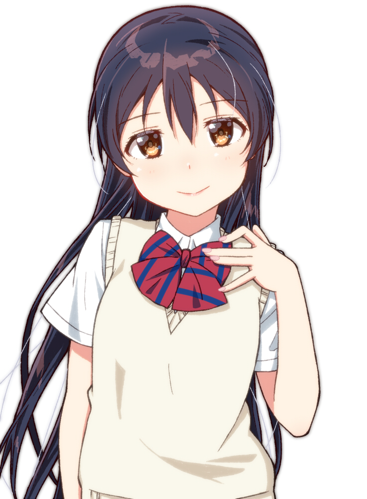 1girl bangs blue_hair blush bow bowtie commentary_request eyebrows_visible_through_hair hair_between_eyes hand_up long_hair looking_at_viewer love_live! love_live!_school_idol_project otonokizaka_school_uniform red_bow red_bowtie school_uniform short_sleeves simple_background skull573 smile solo sonoda_umi striped striped_bow striped_bowtie summer_uniform white_background yellow_eyes