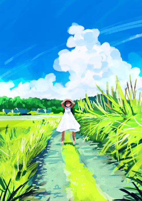 1girl ^_^ arms_up backlighting bangs bare_arms bare_shoulders black_hair blue_sky bush child closed_eyes clouds cloudy_sky day dress facing_viewer grass grin happy legs_apart long_hair maeya_susumu medium_dress mountainous_horizon no_lineart no_nose original outdoors path pleated_dress sandals scenery shade sky sleeveless sleeveless_dress smile solo standing straight-on straight_hair summer sundress white_dress white_footwear wide_shot