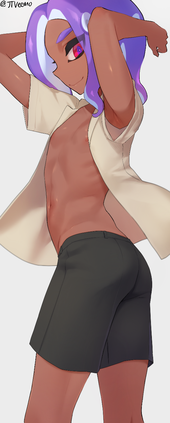 1boy armpits arms_up black_skirt cowboy_shot dark_skin dark_skinned_male grey_background highres jtveemo medium_hair navel nipples octoling open_clothes open_shirt otoko_no_ko profile purple_hair red_eyes short_sleeves skirt smile solo splatoon_(series) tan_shirt up_sleeve