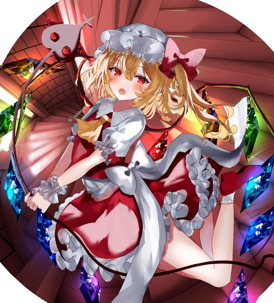 1girl :o ascot bangs blonde_hair bow crystal fangs flandre_scarlet full_body hair_between_eyes hat holding holding_weapon laevatein_(touhou) mob_cap one_side_up open_mouth puffy_sleeves red_eyes red_footwear red_vest sakizaki_saki-p shoes short_sleeves skirt socks solo spiral_staircase stairs touhou vest weapon white_bow wings wrist_cuffs
