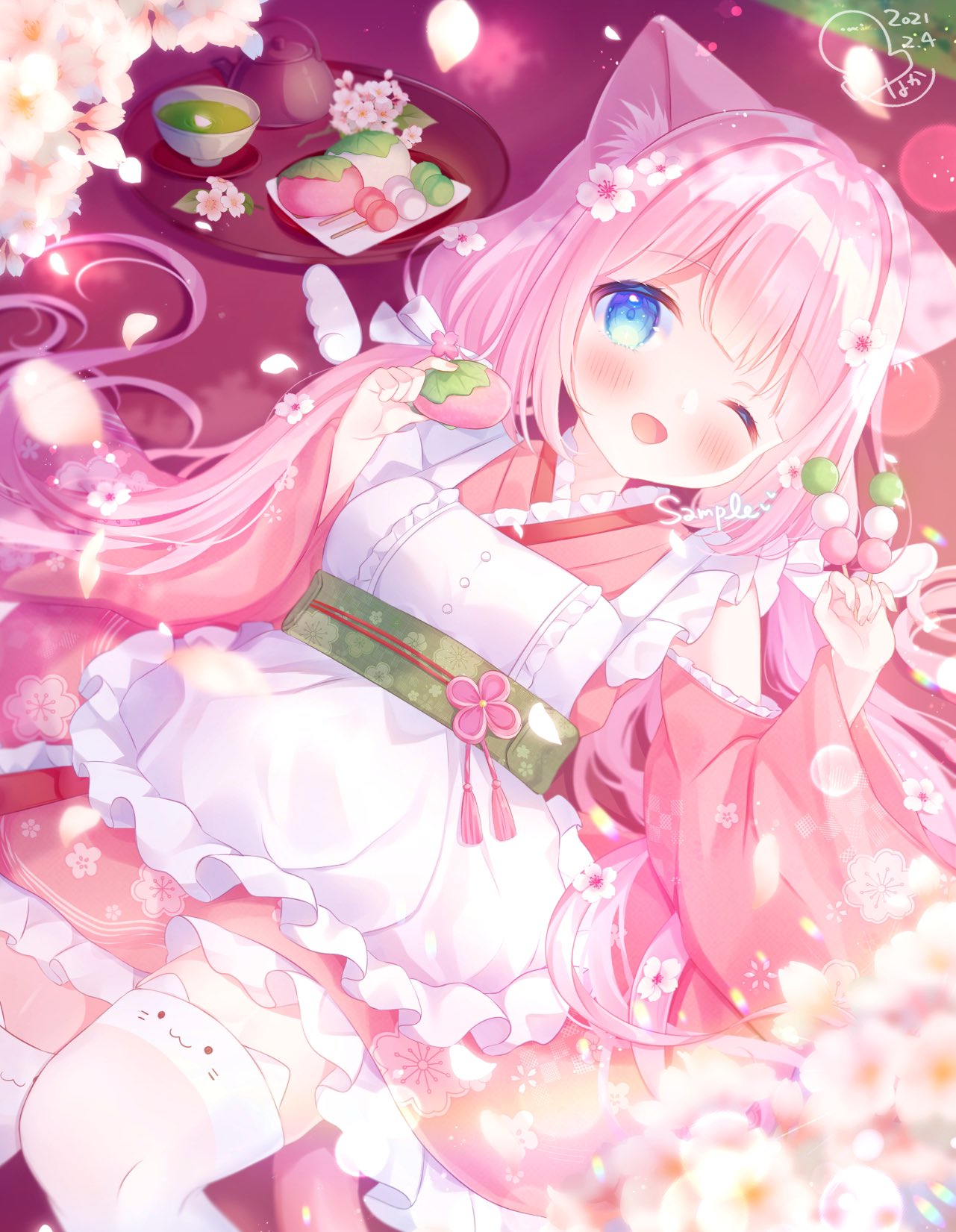 1girl animal_ear_fluff animal_ear_legwear animal_ears apron bangs blue_eyes blunt_bangs blush cat_ears cherry_blossom_print cherry_blossoms dango detached_sleeves dress eyebrows_visible_through_hair floral_print flower food frilled_apron frilled_dress frills hair_flower hair_ornament highres japanese_clothes kimono long_hair lying maid_apron mochi omochi_monaka on_back one_eye_closed open_mouth original pink_dress pink_hair solo thigh-highs twintails wa_maid wagashi white_apron white_legwear wide_sleeves