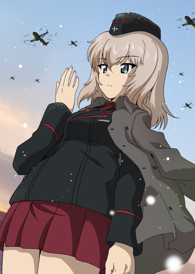 1girl aircraft bangs black_headwear black_jacket blue_eyes blue_sky closed_mouth coat coat_on_shoulders commentary cowboy_shot day dress_shirt eyebrows_visible_through_hair frown garrison_cap girls_und_panzer grey_coat hat helicopter insignia itsumi_erika jacket kanau kuromorimine_military_uniform long_sleeves medium_hair military military_hat military_uniform miniskirt outdoors pleated_skirt red_shirt red_skirt shirt silver_hair skirt sky solo standing uniform wind wing_collar