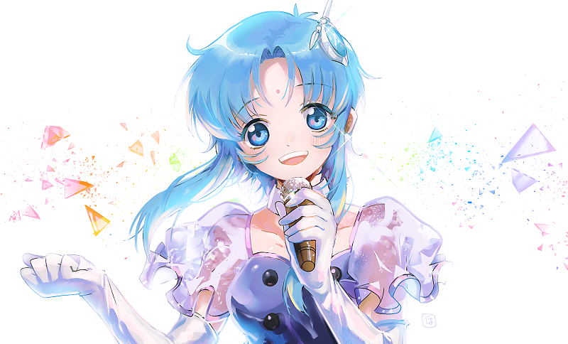 1girl blue_dress blue_eyes broken_glass clenched_hand collarbone dress earrings facial_mark forehead_mark glass gloves hair_behind_ear hair_ornament head_tilt holding holding_microphone idol ishtar_(macross) jewelry kinako_(462) macross macross_2 microphone music open_mouth short_hair_with_long_locks singing smile solo white_gloves