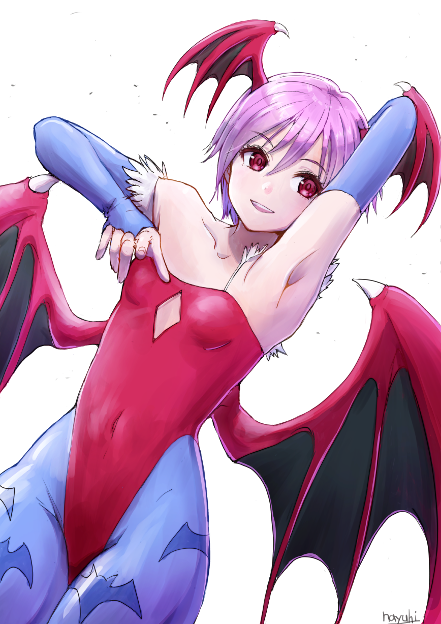 1girl animal_print arm_up armpits artist_name bare_shoulders bat_print blue_gloves blue_legwear breasts bridal_gauntlets cowboy_shot demon_girl demon_wings dutch_angle flat_chest gloves head_wings highleg highleg_leotard highres leotard lilith_aensland looking_to_the_side nayuhi_(yukimuu14) open_mouth pantyhose print_legwear purple_hair red_eyes red_leotard red_wings short_hair signature small_breasts smile solo teeth vampire_(game) very_short_hair white_background wings