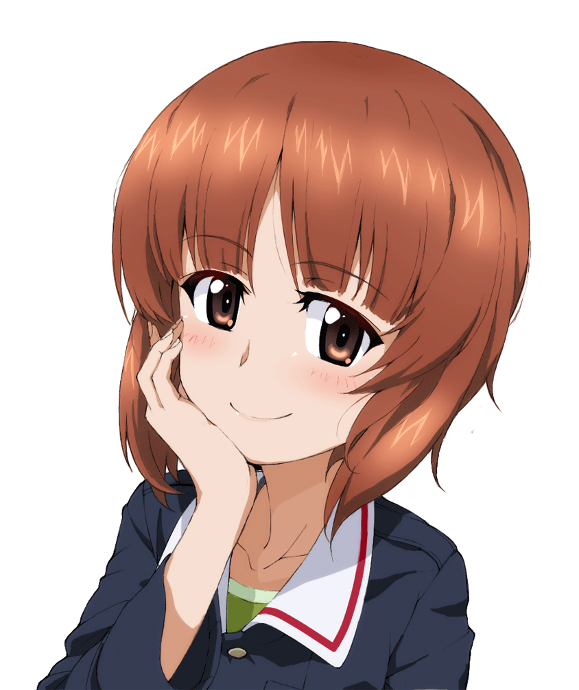 1girl brown_eyes brown_hair eyebrows_visible_through_hair girls_und_panzer head_rest kayabakoro nishizumi_miho ooarai_military_uniform orange_hair smile solo upper_body white_background