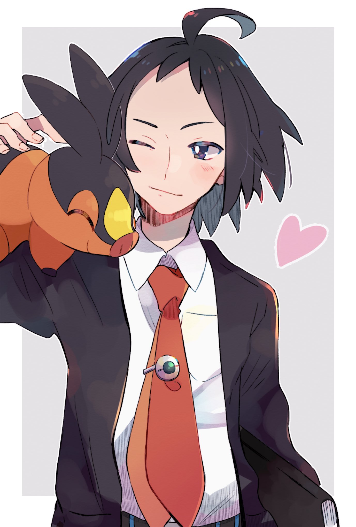 1boy ahoge black_hair black_jacket blush book border breast_pocket cheren_(pokemon) closed_mouth collared_shirt commentary commentary_request gen_5_pokemon hand_up heart highres jacket male_focus necktie ohds101 one_eye_closed outside_border pocket pokemon pokemon_(creature) pokemon_(game) pokemon_bw2 pokemon_on_arm shirt smile starter_pokemon tepig white_border white_shirt