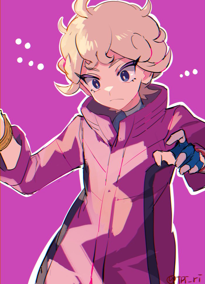 1boy ahoge bangs bede_(pokemon) blonde_hair blue_eyes bright_pupils closed_mouth coat curly_hair eyelashes eyeshadow gloves hands_up makeup male_focus outline pokemon pokemon_(game) pokemon_swsh popped_collar purple_background purple_coat purple_eyeshadow short_hair solo symbol_commentary tpi_ri white_pupils