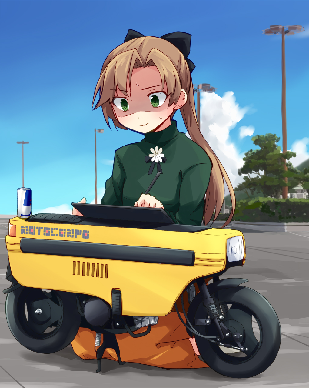 1girl akigumo_(kancolle) black_ribbon blue_sky brown_hair can clouds commentary_request day drawing_tablet energy_drink green_eyes green_shirt ground_vehicle hair_ribbon highres kakizaki_(chou_neji) kantai_collection left-handed long_hair long_skirt long_sleeves minibike moped motocompo motor_vehicle motorcycle official_alternate_costume orange_skirt outdoors ponytail red_bull ribbon seiza shaded_face shirt sitting skirt sky solo stylus tree