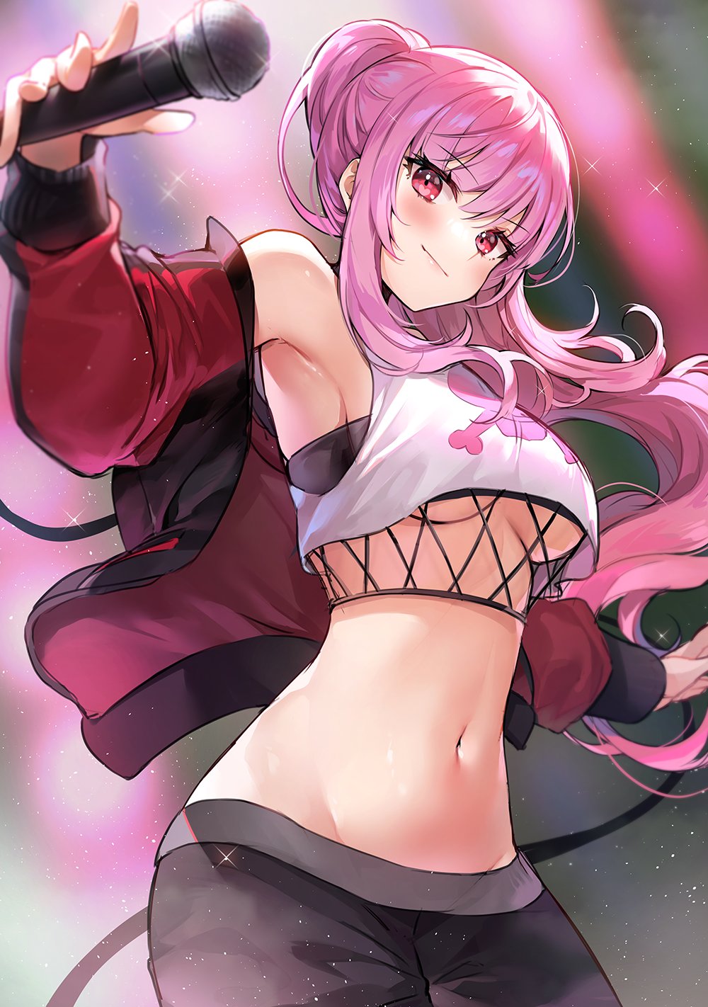 1girl armpits ayamy bangs black_pants breasts cowboy_shot crop_top crop_top_overhang eyebrows_visible_through_hair fishnets groin highres holding holding_microphone hololive hololive_english jacket long_hair long_torso looking_at_viewer medium_breasts microphone midriff mori_calliope navel off_shoulder open_clothes open_jacket pants pink_hair ponytail red_eyes red_jacket shirt skull_and_crossbones sleeveless sleeveless_shirt smile solo stomach under_boob virtual_youtuber white_shirt