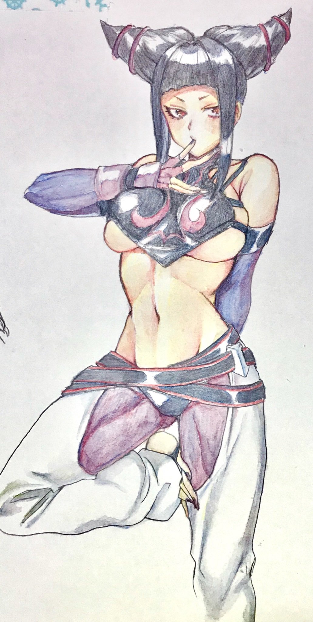 1girl black_hair breasts detached_sleeves drill_hair fingerless_gloves gloves han_juri highres large_breasts looking_at_viewer murata_tefu nail_polish navel simple_background solo street_fighter street_fighter_iv_(series) twin_drills