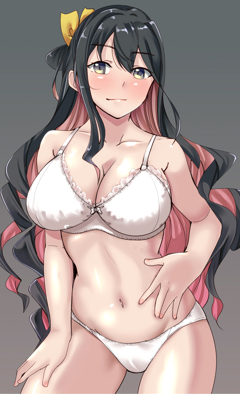 1girl bangs black_hair blush bra breasts chirashi_(so) closed_mouth eyebrows_visible_through_hair grey_background hair_ribbon hand_on_own_thigh highres kantai_collection large_breasts long_hair naganami_(kancolle) panties pink_hair ribbon simple_background solo underwear wavy_hair white_bra white_panties yellow_eyes