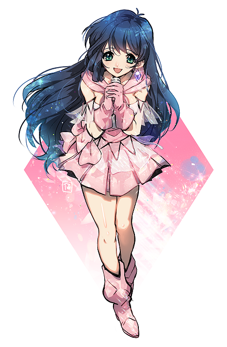 1girl bangs blue_hair choujikuu_yousai_macross collarbone detached_sleeves dress gloves green_eyes holding holding_microphone idol idol_clothes jewelry kinako_(462) leaning_forward long_hair lynn_minmay macross macross:_do_you_remember_love? microphone music open_mouth pink_dress pink_footwear pink_gloves singing single_earring solo