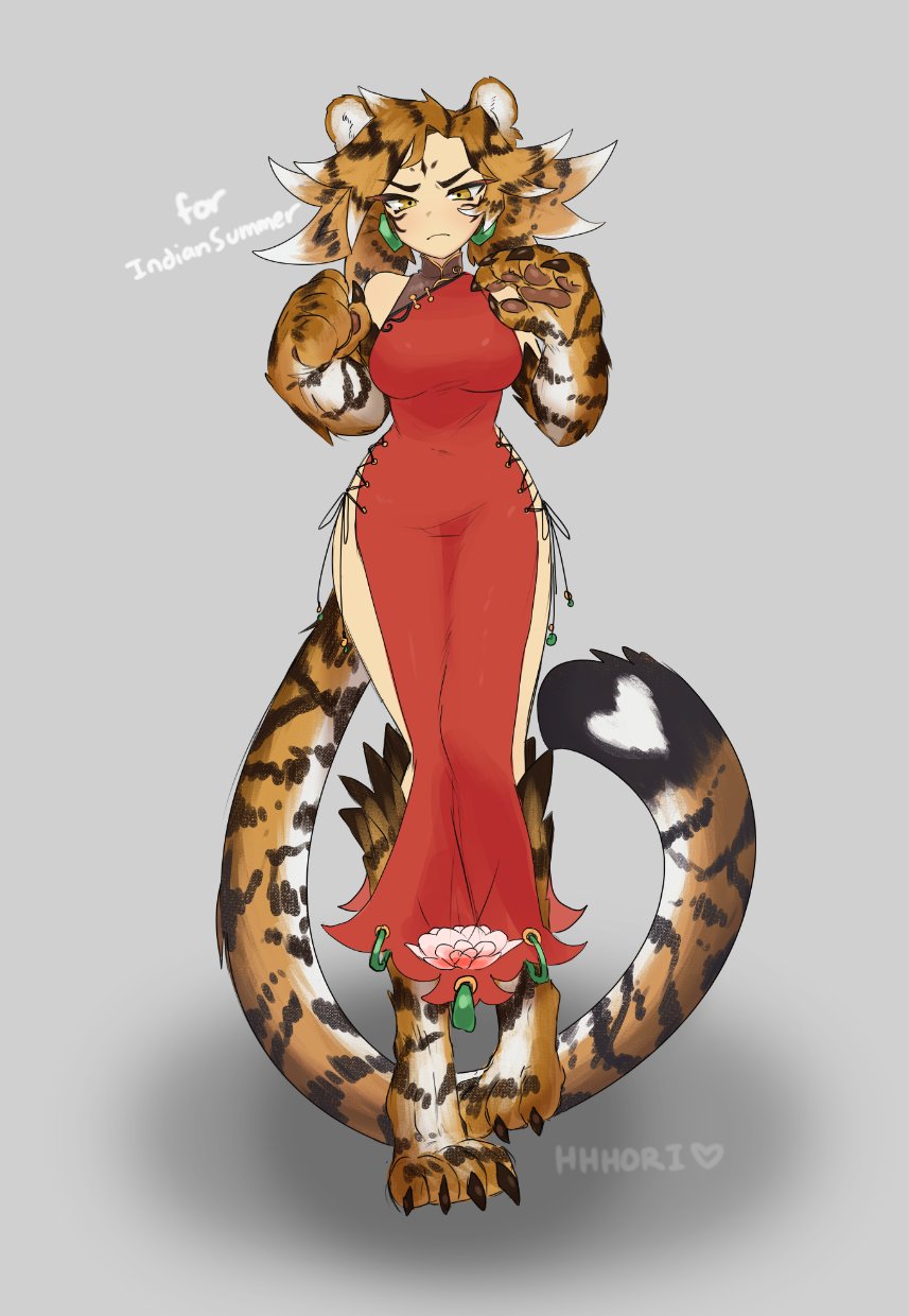 1girl animal_ears artist_name bare_arms breasts claws closed_mouth commentary dress earrings full_body fur hhhori highres jewelry jinko_(monster_girl_encyclopedia) long_dress monster_girl monster_girl_encyclopedia original red_dress solo spiky_hair standing tail tiger_ears tiger_girl tiger_tail