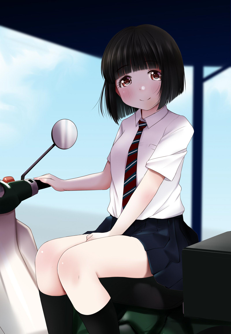 1girl black_hair black_legwear black_skirt blurry blurry_background blush brown_eyes closed_mouth collared_shirt commentary_request day depth_of_field diagonal-striped_neckwear diagonal_stripes feet_out_of_frame ground_vehicle honda_super_cub koguma_(super_cub) kozue_akari looking_at_viewer moped motor_vehicle necktie pleated_skirt school_uniform shirt short_hair sitting skirt smile socks solo striped striped_neckwear super_cub white_shirt