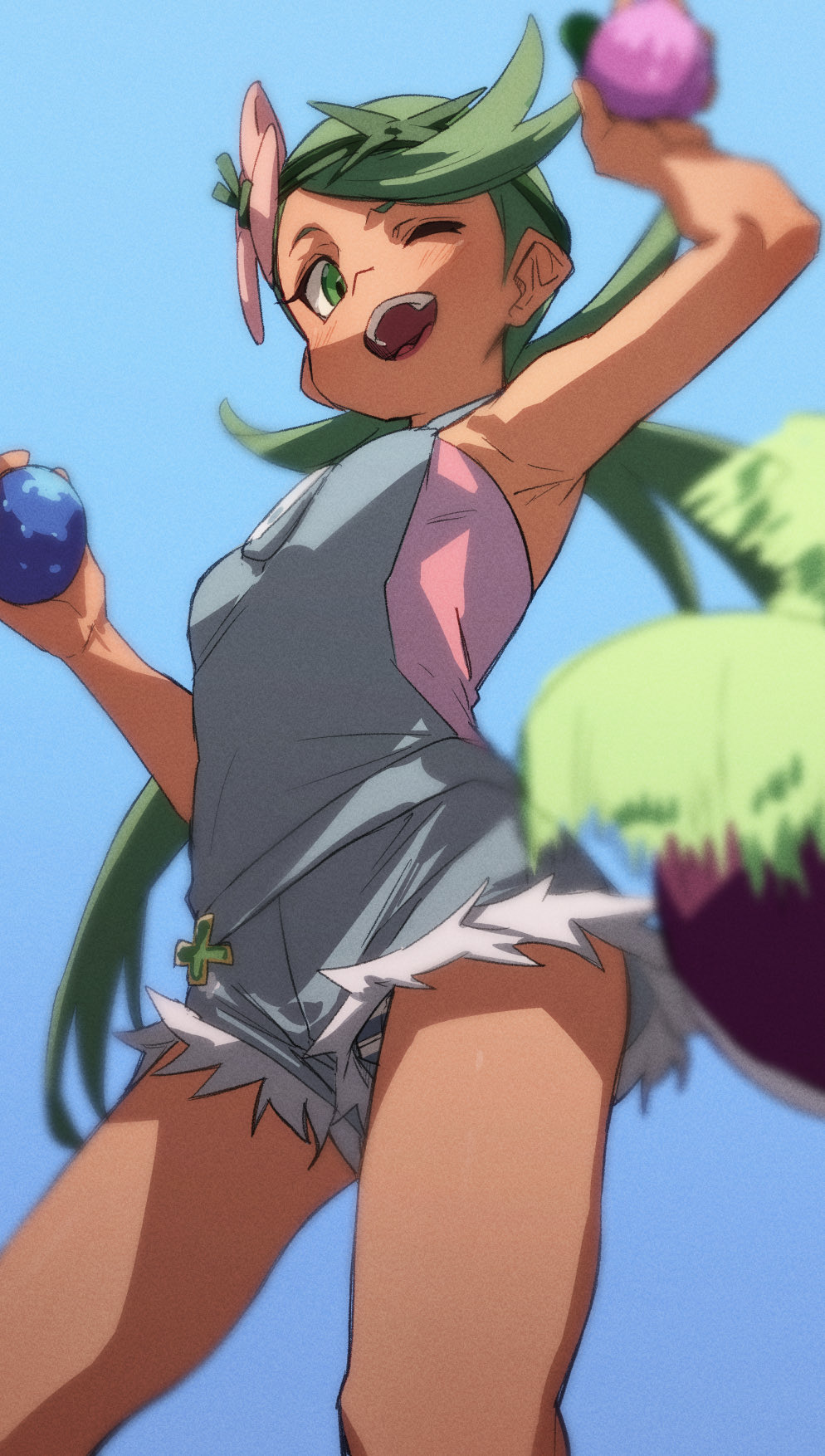 1girl ;d armpits blush commentary_request dark-skinned_female dark_skin flower from_below fu-ta gen_7_pokemon green_eyes green_hair hair_flower hair_ornament highres holding long_hair low_twintails mallow_(pokemon) one_eye_closed open_mouth panties pantyshot pokemon pokemon_(creature) pokemon_(game) pokemon_sm smile standing striped striped_panties teeth tsareena twintails underwear upper_teeth