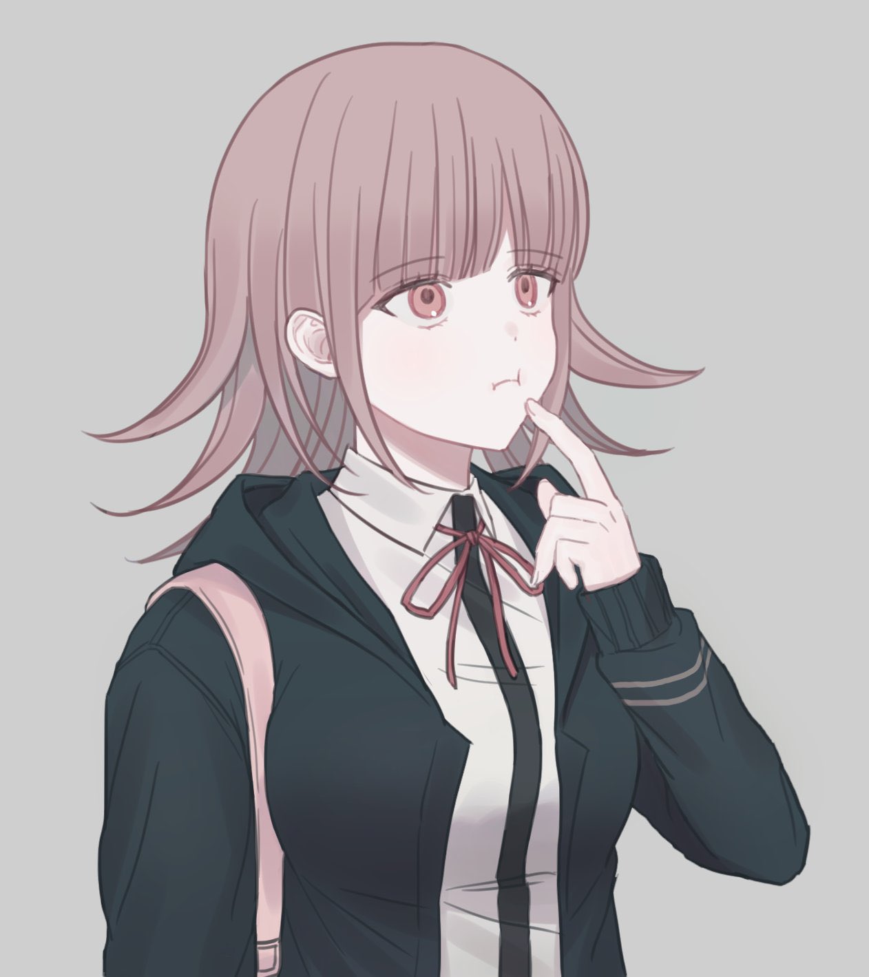 1girl :t backpack bag bangs black_jacket black_ribbon black_shirt blunt_bangs breasts brown_hair closed_mouth collared_shirt commentary_request dangan_ronpa_(series) dangan_ronpa_2:_goodbye_despair eyebrows_visible_through_hair flipped_hair grey_background hair_ornament hand_up highres hood hooded_jacket jacket jecheubo large_breasts long_sleeves looking_at_viewer medium_hair nanami_chiaki neck_ribbon open_clothes open_jacket pink_eyes ribbon shirt sleeves_past_wrists solo upper_body white_shirt