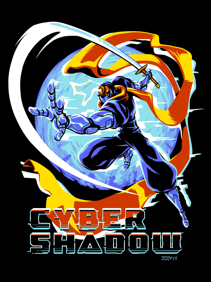 1980s_(style) 1boy afterimage baggy_pants copyright_name cyber_shadow cyborg english_commentary english_text forehead_protector full_body full_moon holding holding_sword holding_weapon jmanvelez joints long_scarf male_focus mechanical_arms metal_skin moon motion_lines ninja ninjatou no_mouth no_pupils official_art pants puffy_short_sleeves puffy_sleeves retro_artstyle robot_joints scarf short_sleeves short_sword sword weapon yellow_eyes yellow_scarf