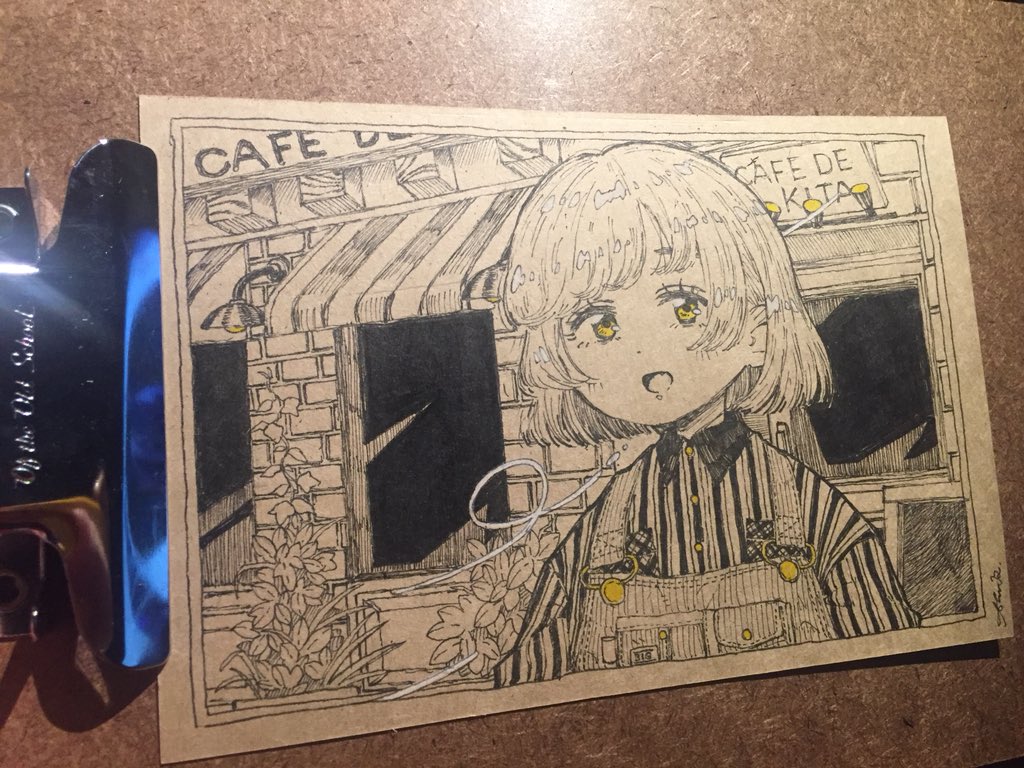 1girl bangs brick_wall collared_shirt kitamurashu leaf open_mouth original overalls photo_(medium) plant shirt short_hair solo spot_color striped striped_shirt traditional_media upper_body white_hair yellow_eyes