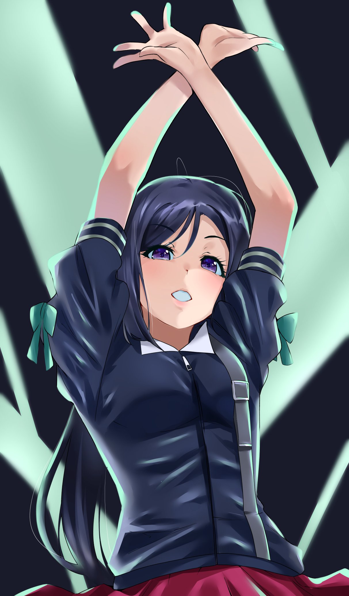 1girl arms_up blue_jacket cowboy_shot hands_above_head hands_up highres igarashi_kyouhei jacket long_hair looking_at_viewer love_live! love_live!_sunshine!! matsuura_kanan open_mouth purple_hair red_skirt short_sleeves skirt solo standing violet_eyes x_arms