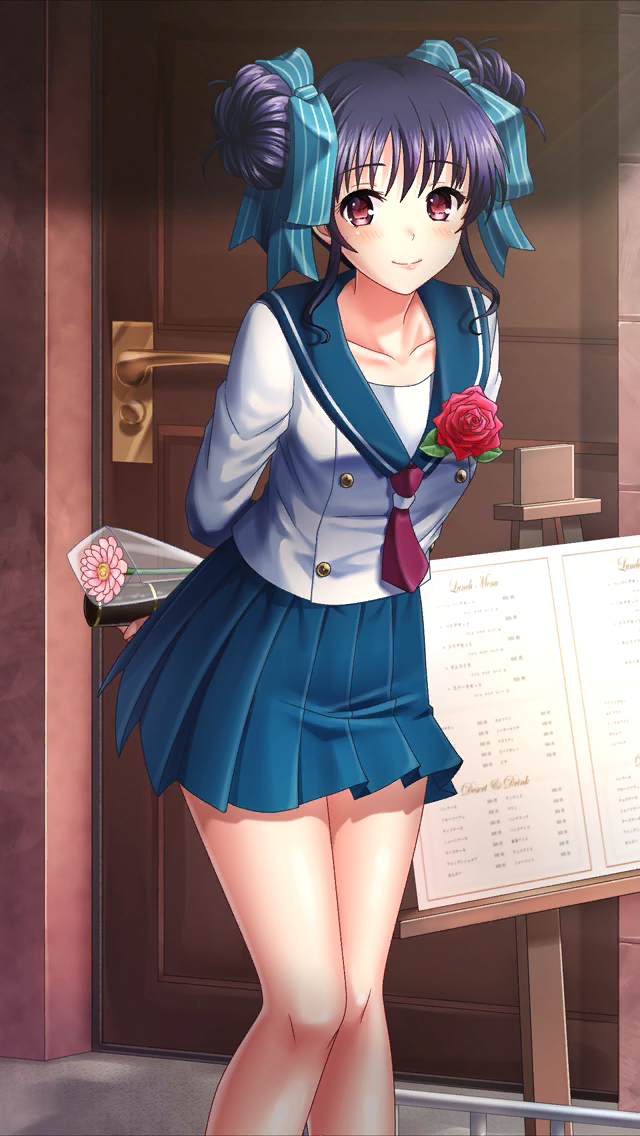 1girl arms_behind_back bangs black_hair blue_bow blue_sailor_collar blue_skirt bow closed_mouth collarbone collared_shirt day double_bun doukyuusei_2 doukyuusei_another_world eyebrows_visible_through_hair flower game_cg hair_bow holding holding_flower leaning_forward long_sleeves looking_at_viewer miniskirt narusawa_yui neckerchief official_art outdoors pink_flower pleated_skirt red_eyes red_flower red_neckwear red_rose rose sailor_collar sailor_shirt school_uniform shiny shiny_hair shirt skirt smile solo standing striped striped_bow white_shirt