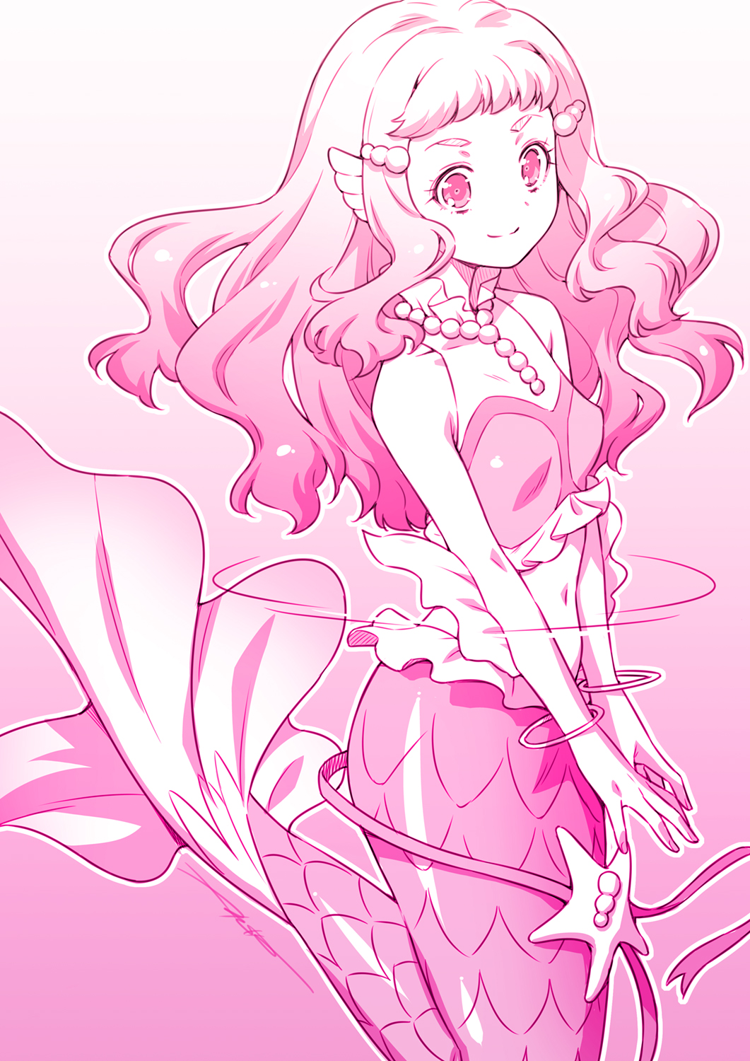 1girl breasts closed_mouth commentary_request gradient gradient_background head_fins highres kazuma_muramasa laura_(precure) long_hair looking_at_viewer medium_breasts mermaid midriff monster_girl navel pink_background pink_theme precure signature smile solo tropical-rouge!_precure