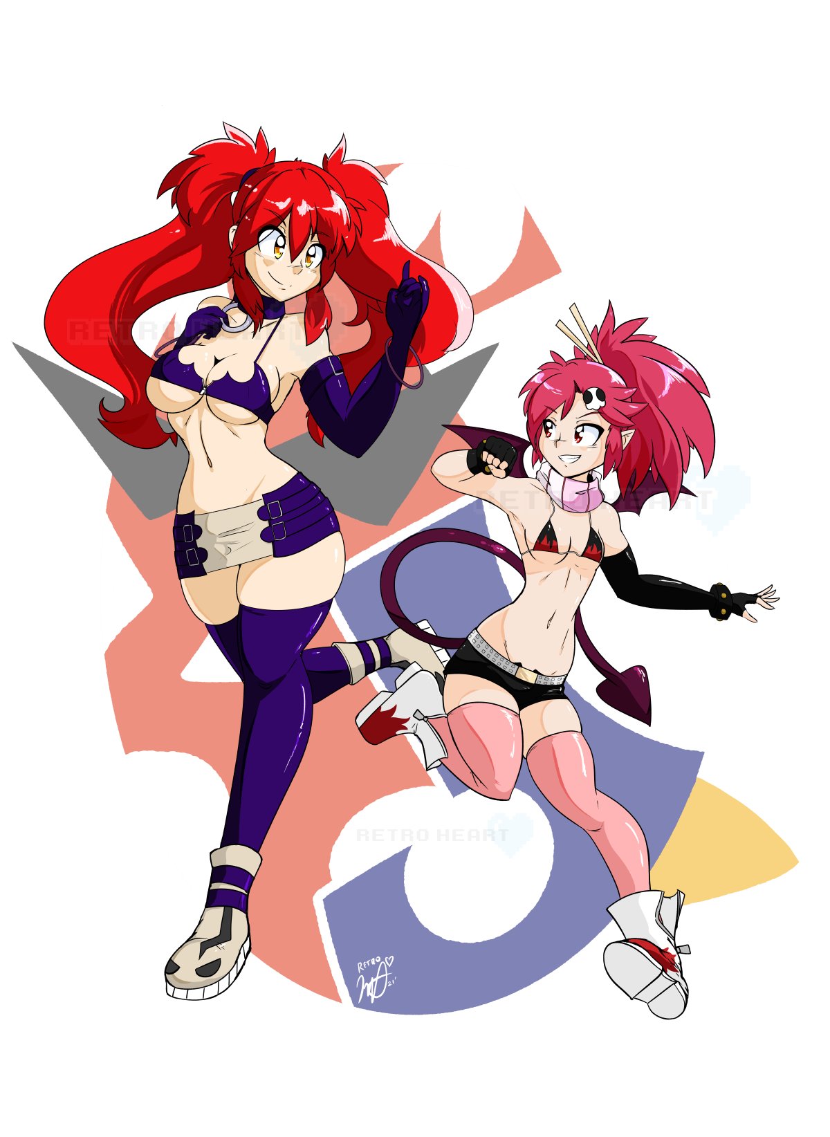 2girls bangs belt black_gloves black_legwear black_shorts breasts cosplay costume_switch demon_tail demon_wings disgaea elbow_gloves etna etna_(cosplay) fingerless_gloves gloves hair_ornament hair_ornament_removed hair_stick hand_up highres large_breasts leg_up multiple_girls navel parted_lips pink_legwear pointy_ears ponytail redhead shoes shorts signature skindentation small_breasts smile superretroheart tail tengen_toppa_gurren_lagann thigh-highs twintails white_belt wings yoko_littner yoko_littner_(cosplay)