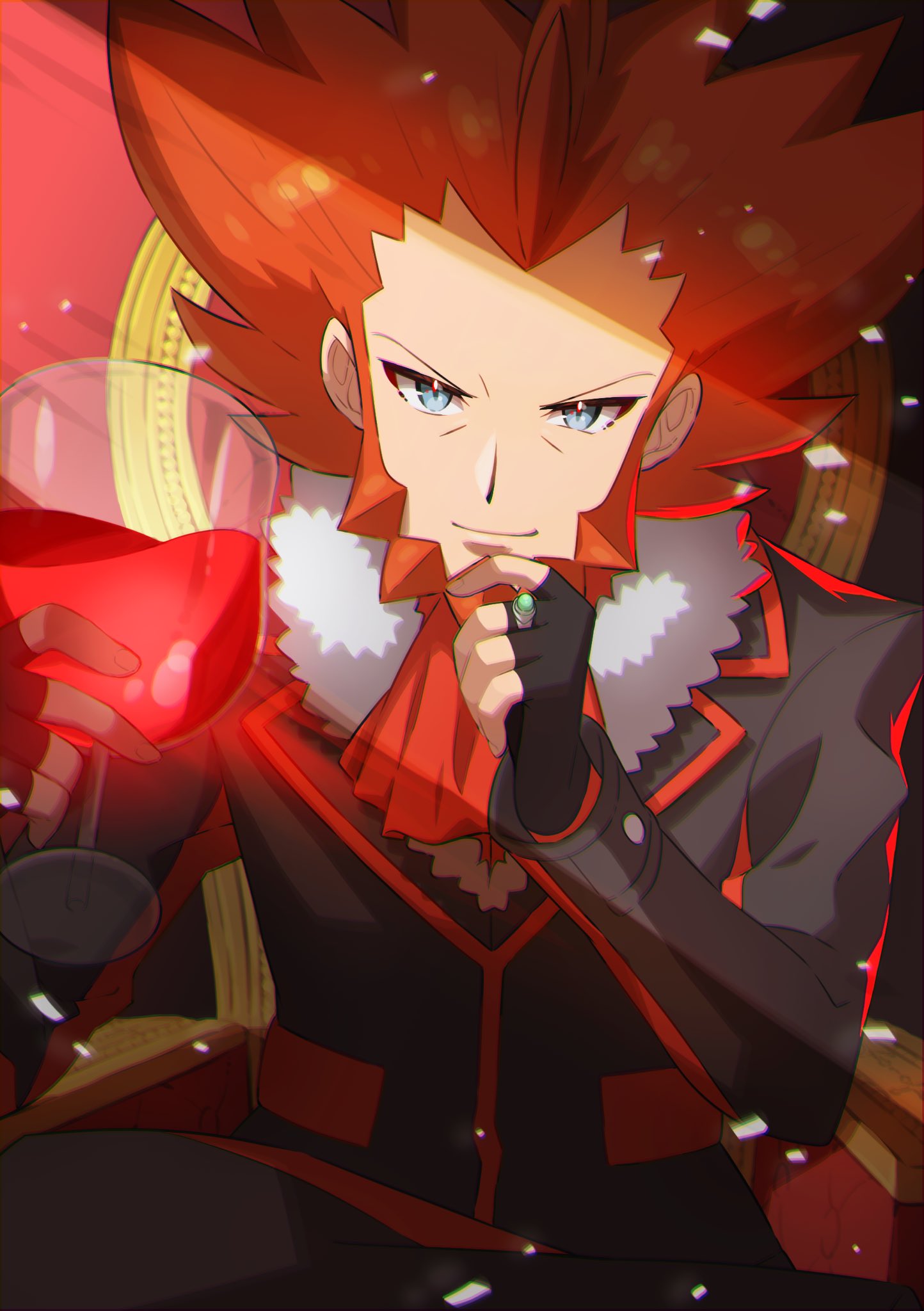 1boy alcohol black_gloves black_pants closed_mouth commentary_request cup drinking_glass fingerless_gloves fur-trimmed_jacket fur_trim gloves grey_eyes highres holding holding_cup jacket long_sleeves looking_at_viewer lysandre_(pokemon) male_focus orange_hair orange_neckwear pants pokemon pokemon_(game) pokemon_xy sitting smile solo spiky_hair taisa_(lovemokunae) team_flare wine wine_glass