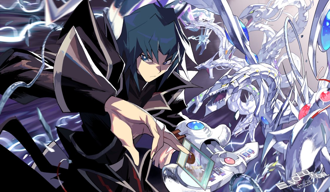 1boy antenna_hair artist_name between_fingers black_coat blue_eyes blue_hair card character_request closed_mouth coat cyber_end_dragon dated dragon duel_disk duel_monster e_volution holding holding_card long_sleeves male_focus marufuji_ryou medium_hair motion_blur serious sleeve_cuffs yu-gi-oh! yu-gi-oh!_gx