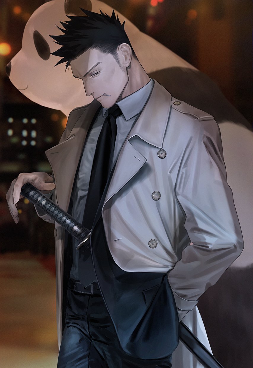 1boy animal belt black_eyes black_hair black_pants blurry blurry_background bokeh buttons closed_mouth coat collared_shirt cowboy_shot crew_cut depth_of_field dress_shirt formal from_side grey_coat half-closed_eyes hand_in_pocket hand_up head_tilt highres jujutsu_kaisen katana kuro_(grf) kusakabe_atsuya looking_at_viewer looking_to_the_side male_focus necktie night outdoors panda panda_(jujutsu_kaisen) pants sheath sheathed shirt shirt_tucked_in short_hair sideburns smile spiky_hair standing suit sword toothpick weapon white_shirt
