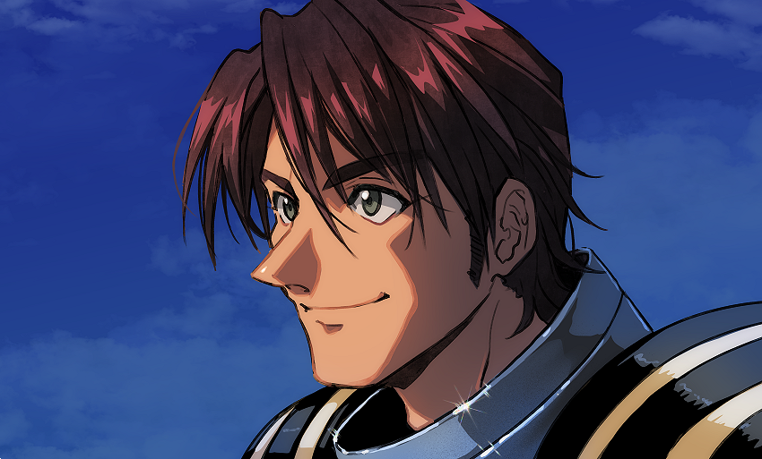 1boy bangs brown_hair eyebrows_visible_through_hair from_side green_eyes hair_behind_ear isamu_dyson kinako_(462) looking_ahead macross macross_plus male_focus nose pilot_suit shiny sky solo upper_body